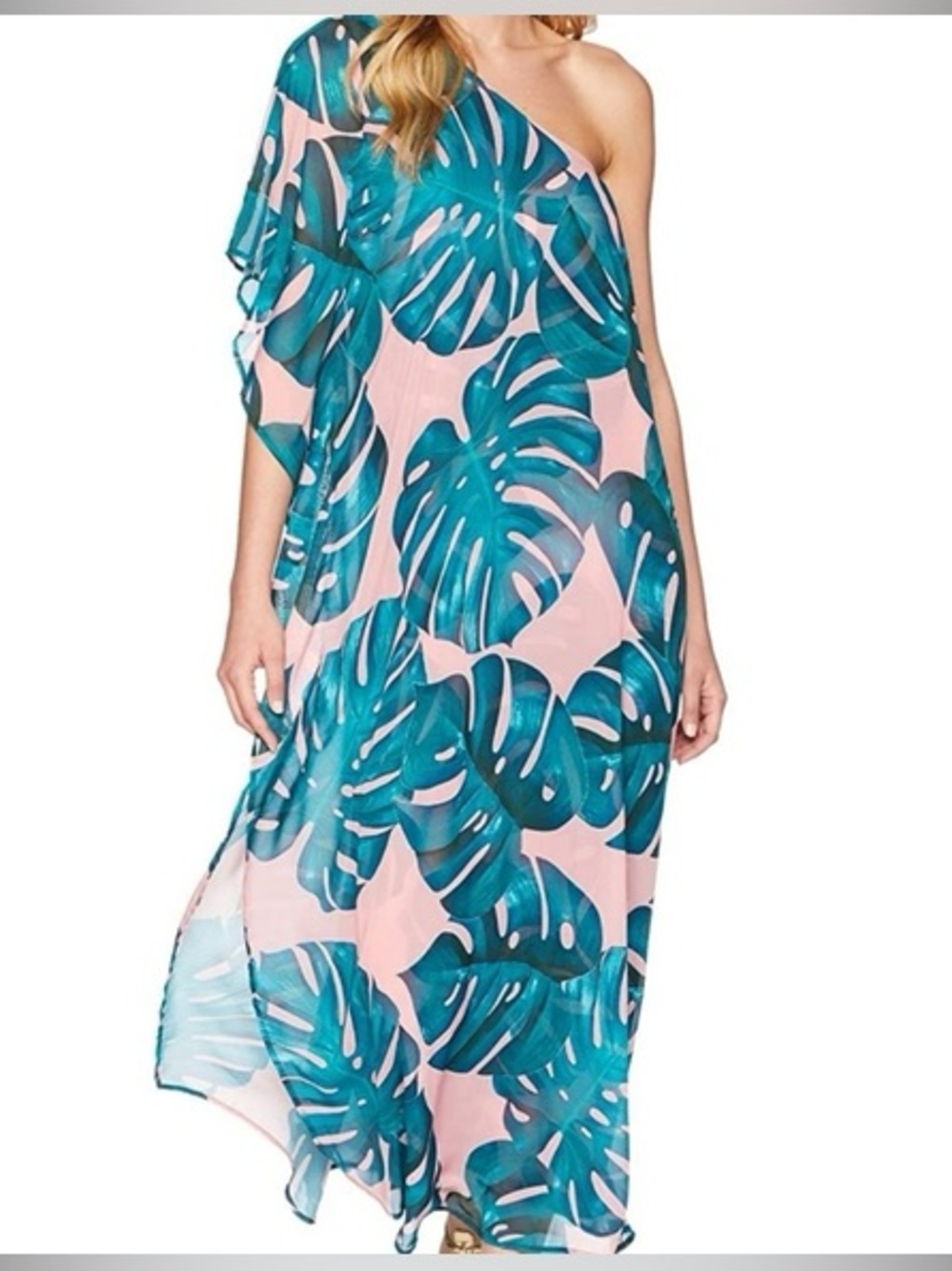 Show Me Your Mumu One-Shoulder Tropical Leaf Green Pink Maxi Dress‎